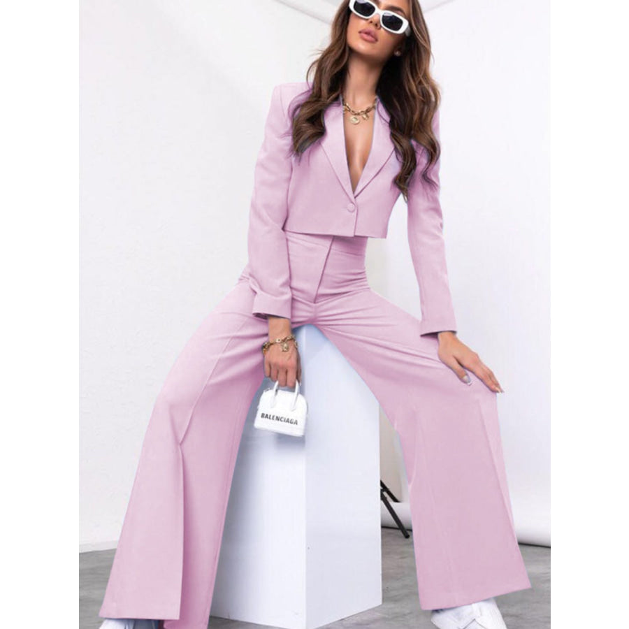 Lapel Collar Cropped Top and Wide Leg Pants Set Apparel and Accessories