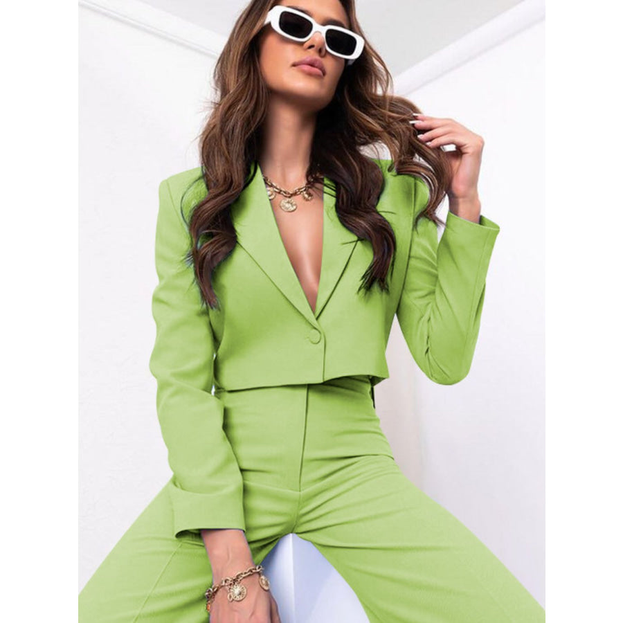 Lapel Collar Cropped Top and Wide Leg Pants Set Apparel and Accessories