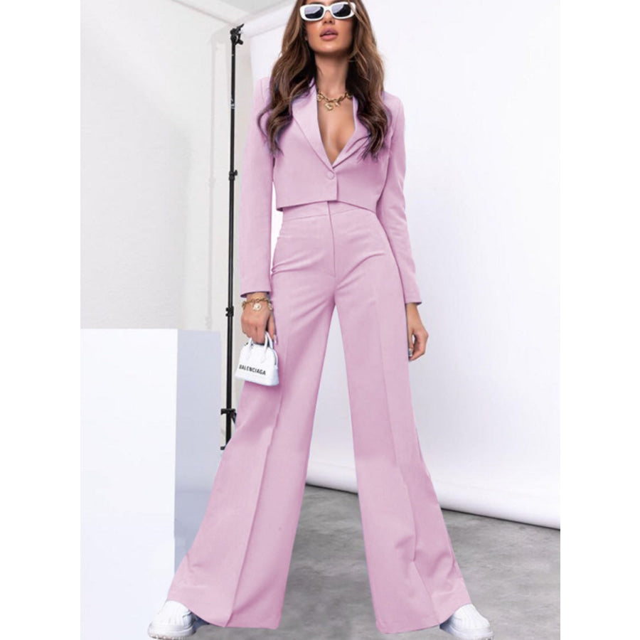 Lapel Collar Cropped Top and Wide Leg Pants Set Apparel and Accessories