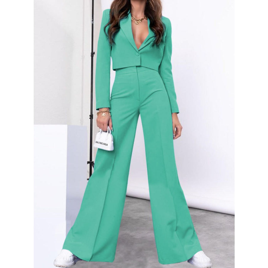 Lapel Collar Cropped Top and Wide Leg Pants Set Apparel and Accessories