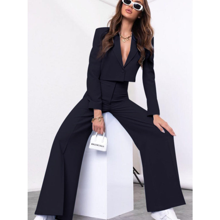 Lapel Collar Cropped Top and Wide Leg Pants Set Apparel and Accessories