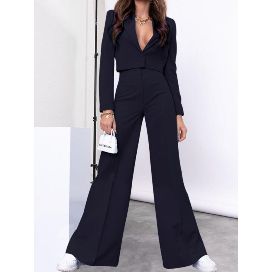 Lapel Collar Cropped Top and Wide Leg Pants Set Dark Navy / S Apparel and Accessories