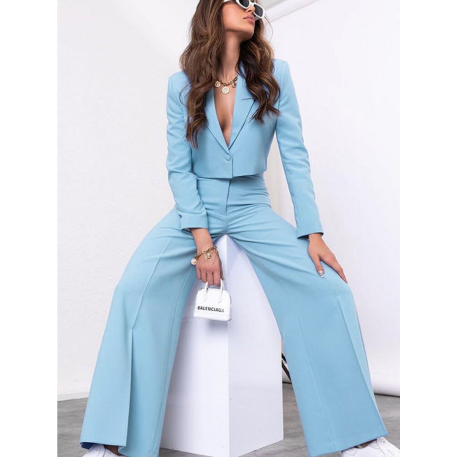 Lapel Collar Cropped Top and Wide Leg Pants Set Light Blue / S Apparel and Accessories