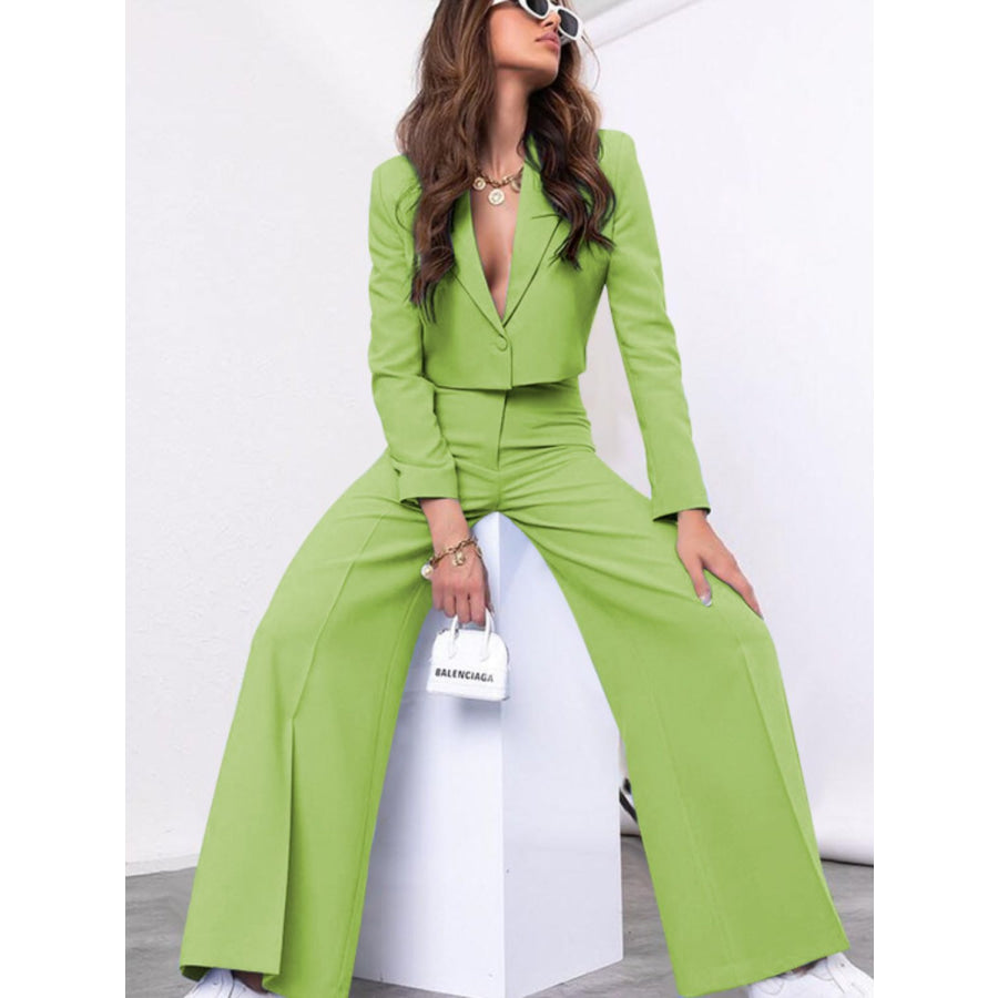 Lapel Collar Cropped Top and Wide Leg Pants Set Lime / S Apparel and Accessories