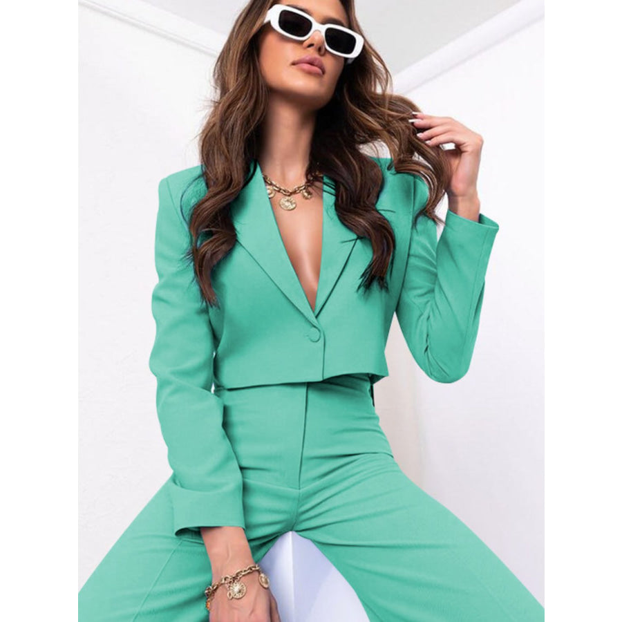 Lapel Collar Cropped Top and Wide Leg Pants Set Turquoise / S Apparel and Accessories