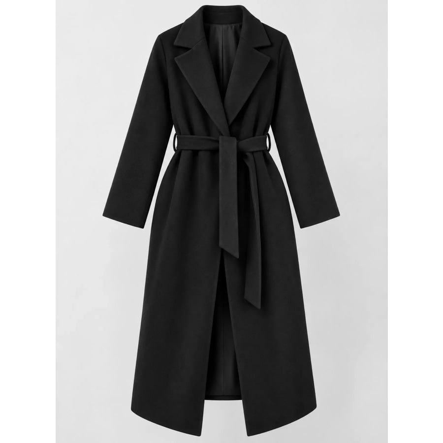 Lapel Collar Long Sleeve Belted Coat Apparel and Accessories