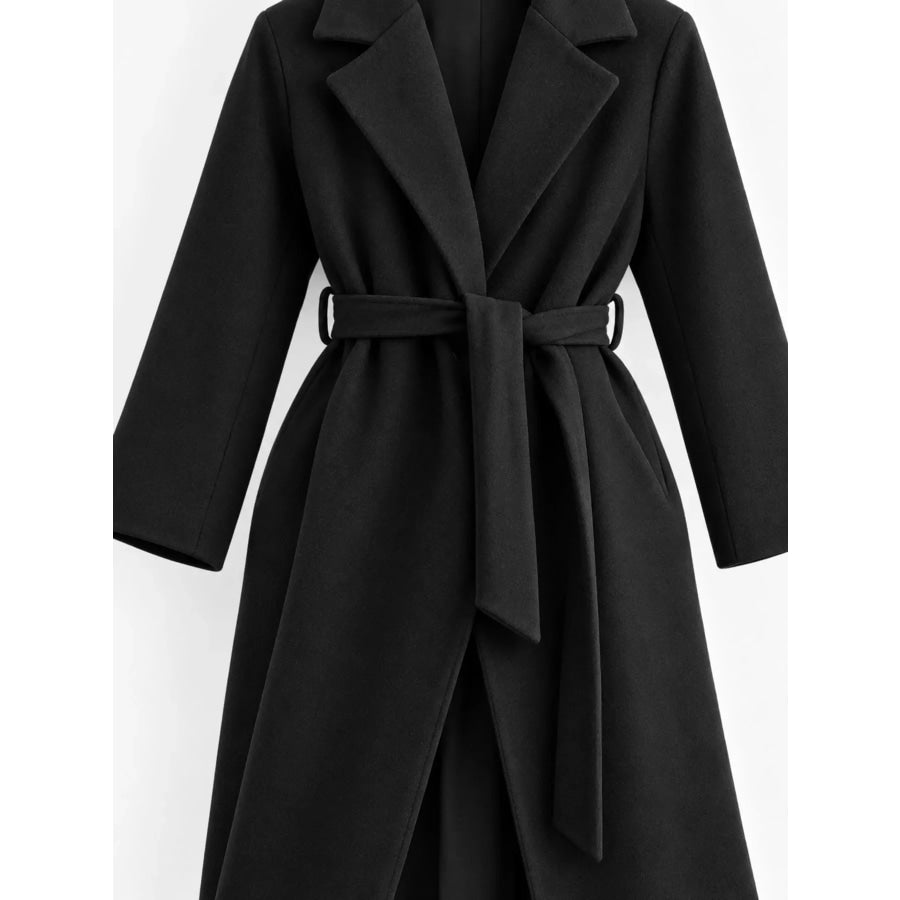 Lapel Collar Long Sleeve Belted Coat Apparel and Accessories