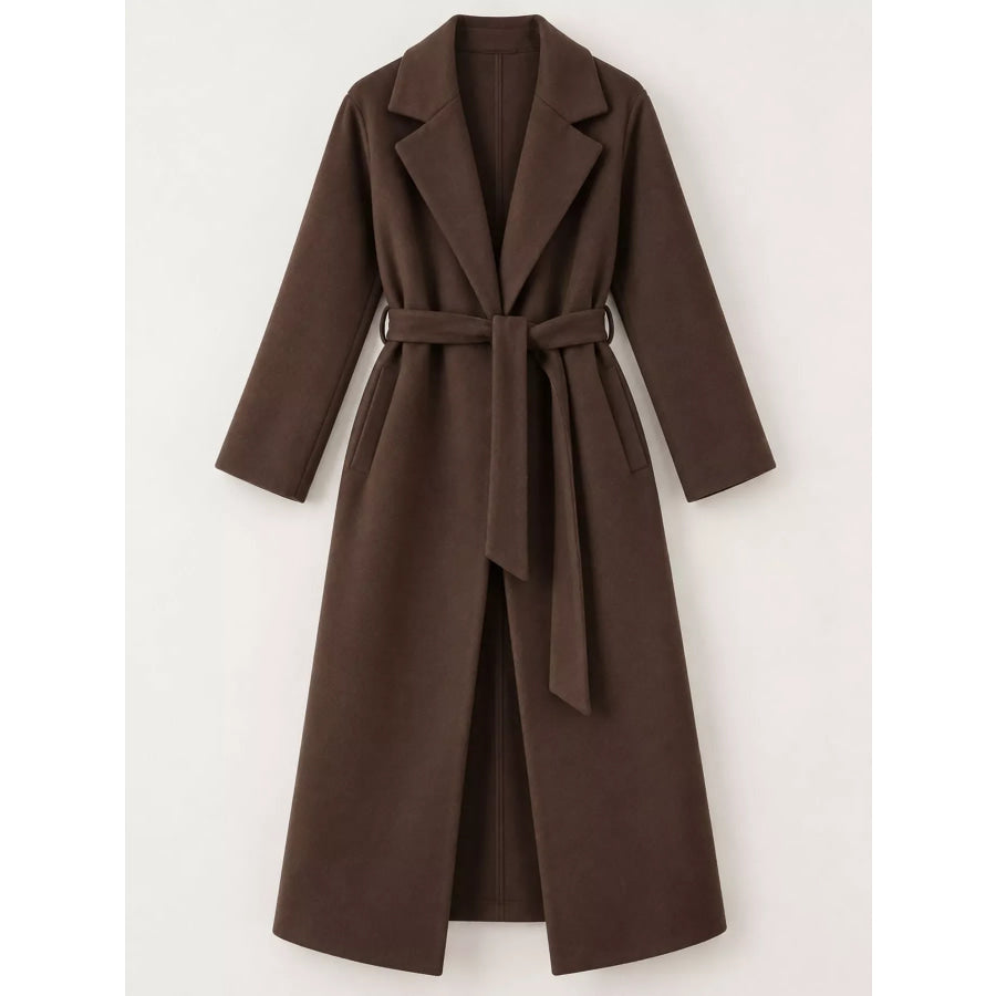 Lapel Collar Long Sleeve Belted Coat Apparel and Accessories