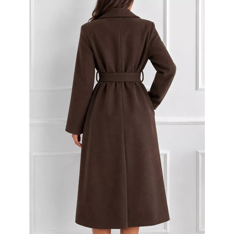 Lapel Collar Long Sleeve Belted Coat Apparel and Accessories
