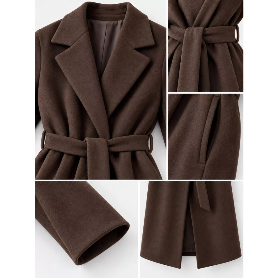Lapel Collar Long Sleeve Belted Coat Apparel and Accessories
