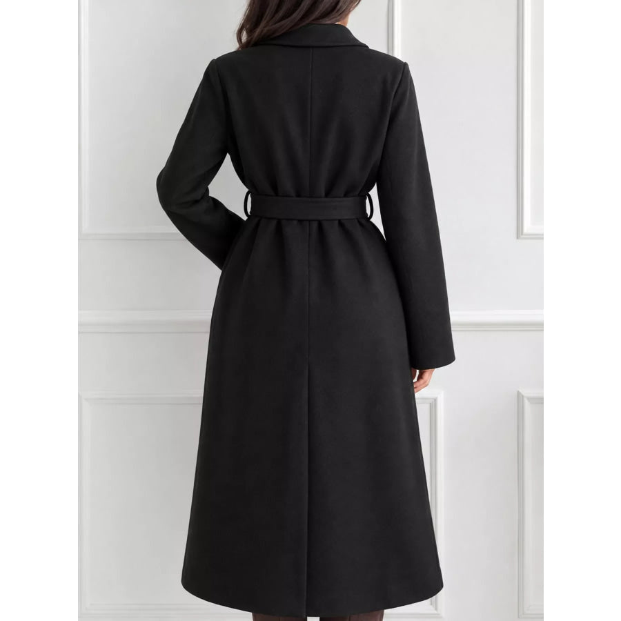 Lapel Collar Long Sleeve Belted Coat Apparel and Accessories