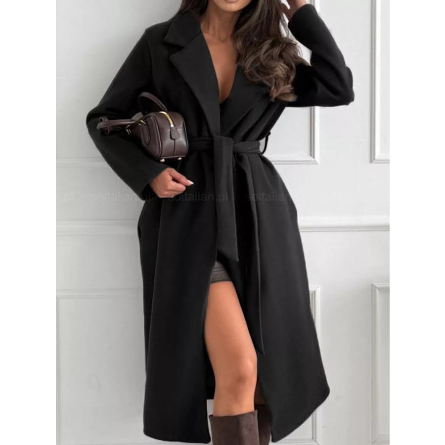 Lapel Collar Long Sleeve Belted Coat Black / S Apparel and Accessories