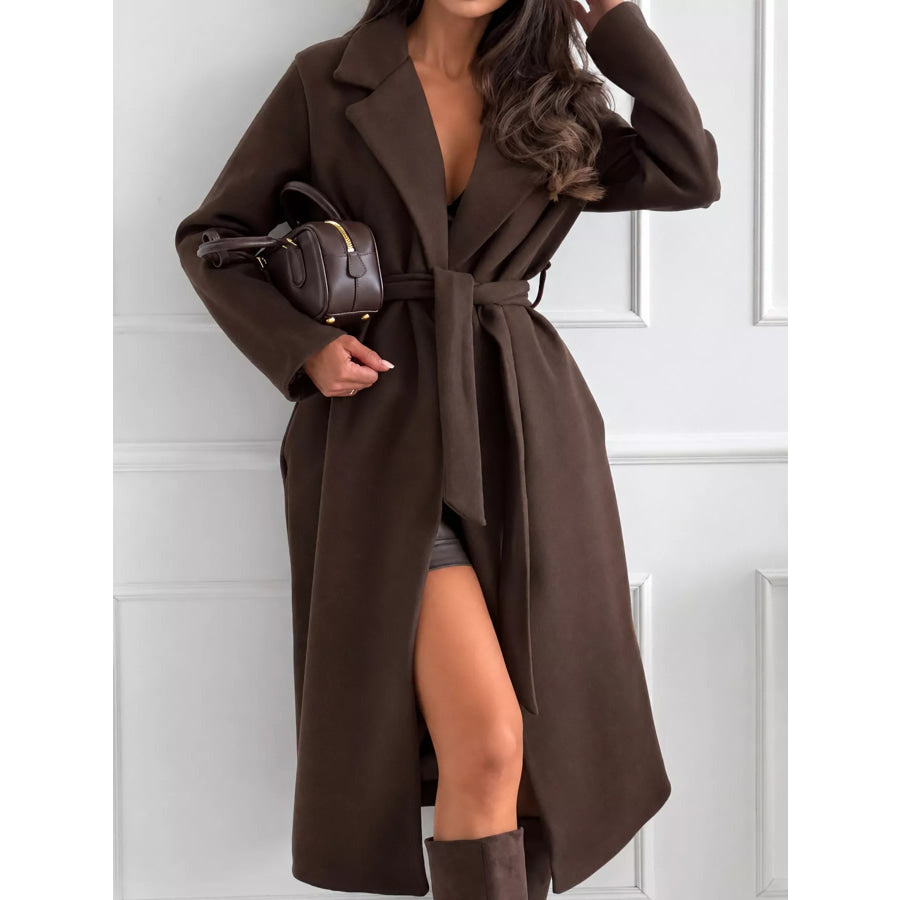 Lapel Collar Long Sleeve Belted Coat Brown / S Apparel and Accessories