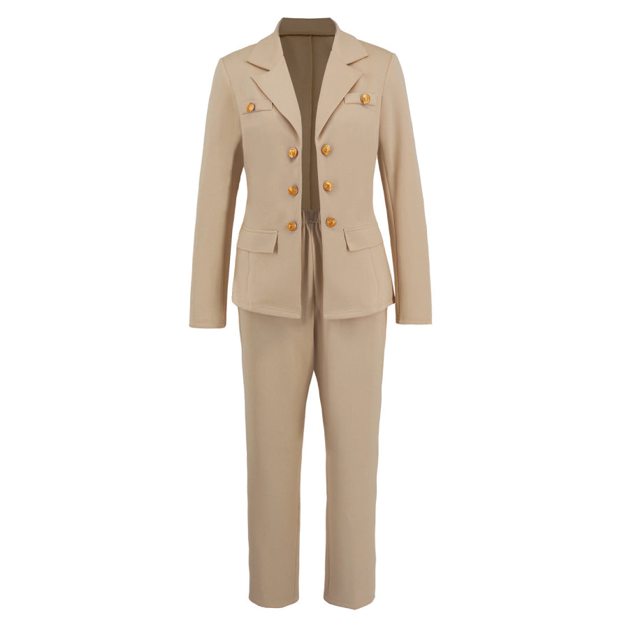 Lapel Collar Long Sleeve Blazer and Pants Set Khaki / S Apparel and Accessories