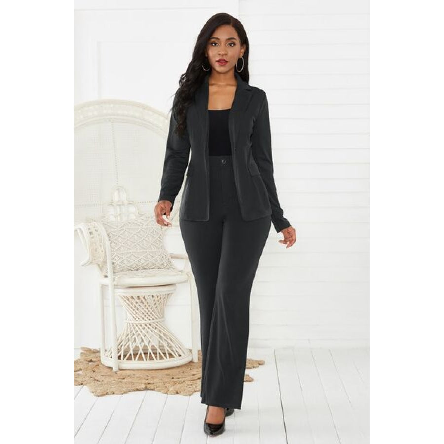 Lapel Collar Long Sleeve Blazer and Pants Set Black / S Clothing