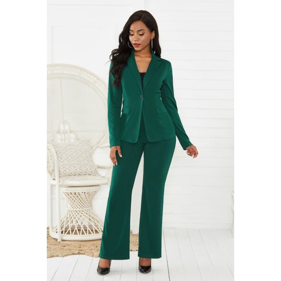 Lapel Collar Long Sleeve Blazer and Pants Set Green / S Clothing