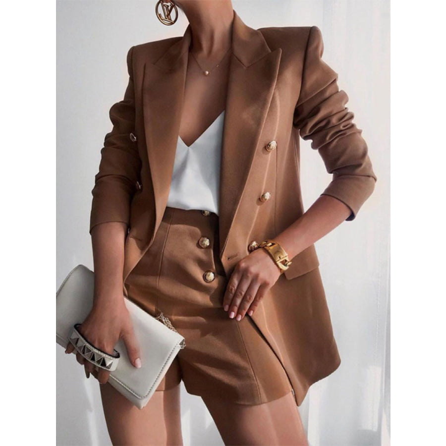 Lapel Collar Long Sleeve Blazer and Shorts Set Caramel / S Apparel and Accessories