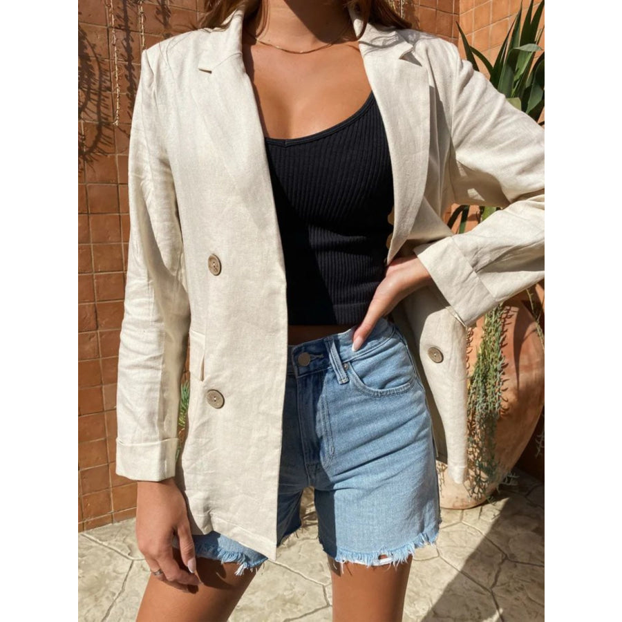 Lapel Collar Long Sleeve Blazer Beige / S Apparel and Accessories