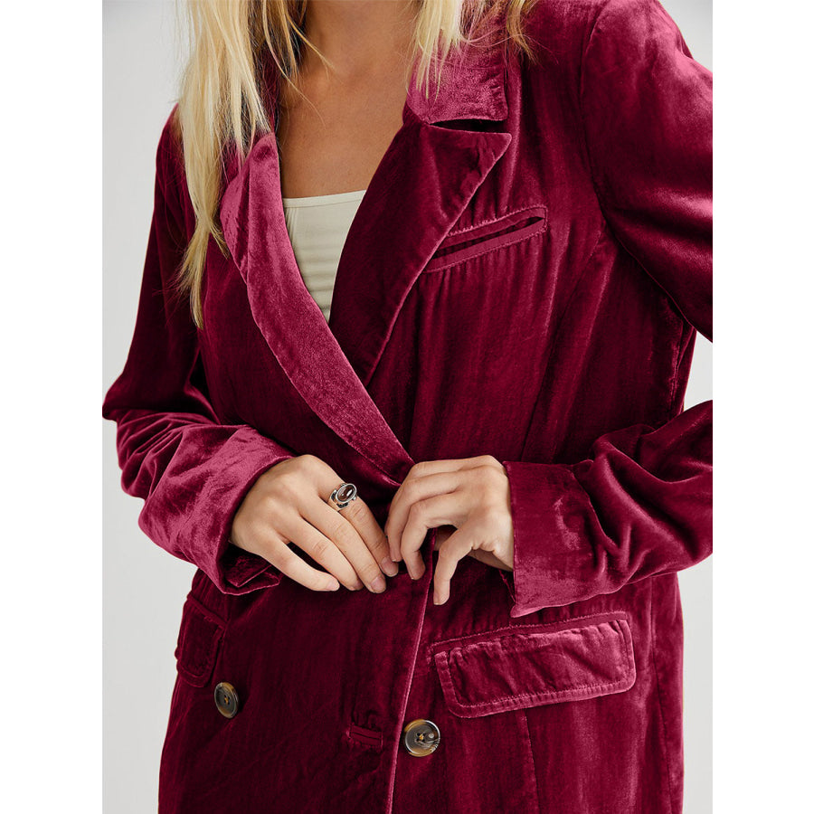 Lapel Collar Long Sleeve Blazer with Pockets Apparel and Accessories