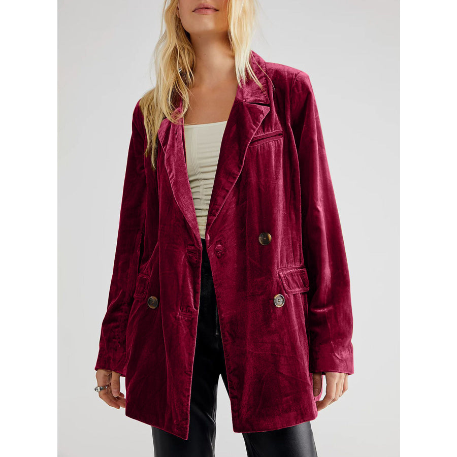 Lapel Collar Long Sleeve Blazer with Pockets Burgundy / S Apparel and Accessories