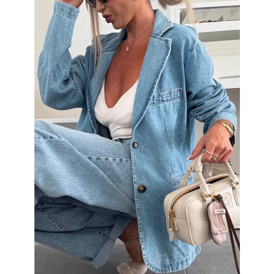 Lapel Collar Long Sleeve Denim Jacket Apparel and Accessories