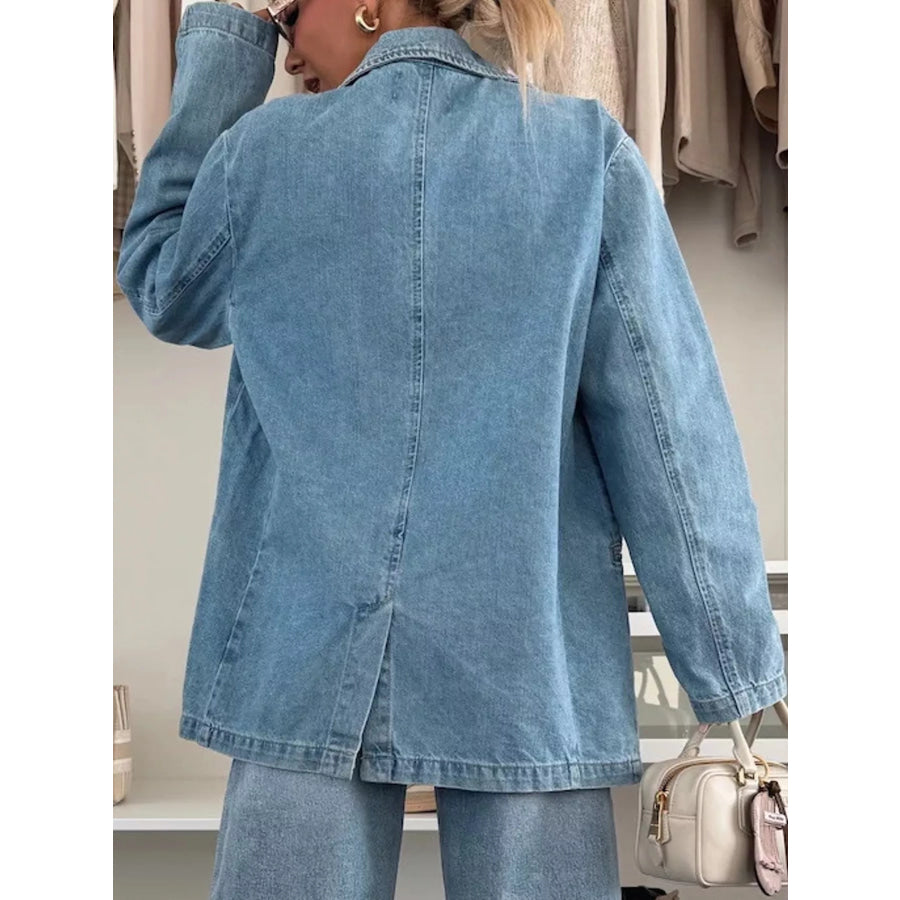 Lapel Collar Long Sleeve Denim Jacket Apparel and Accessories