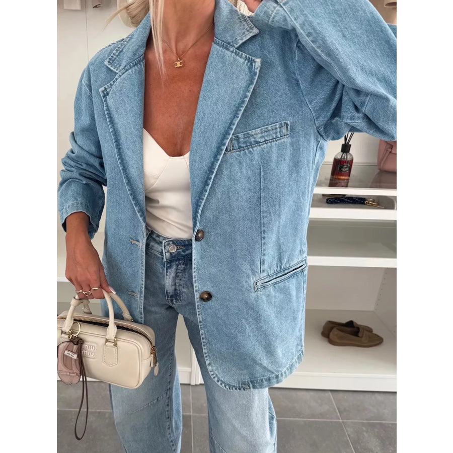 Lapel Collar Long Sleeve Denim Jacket Apparel and Accessories