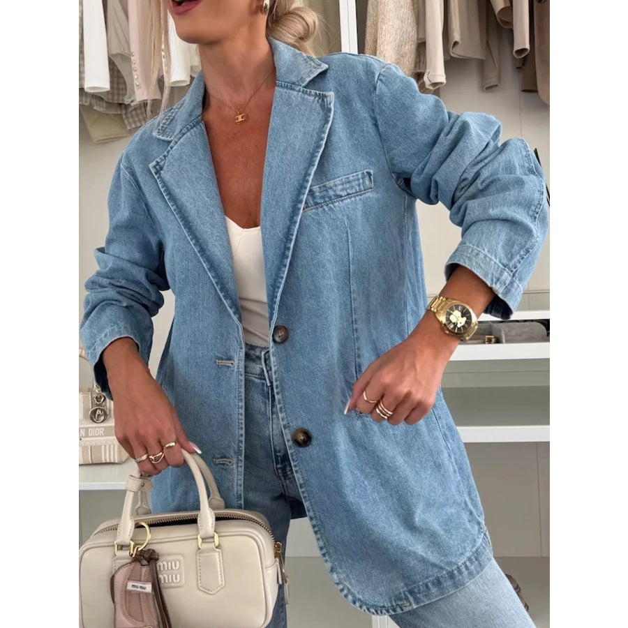 Lapel Collar Long Sleeve Denim Jacket Light Blue / S Apparel and Accessories