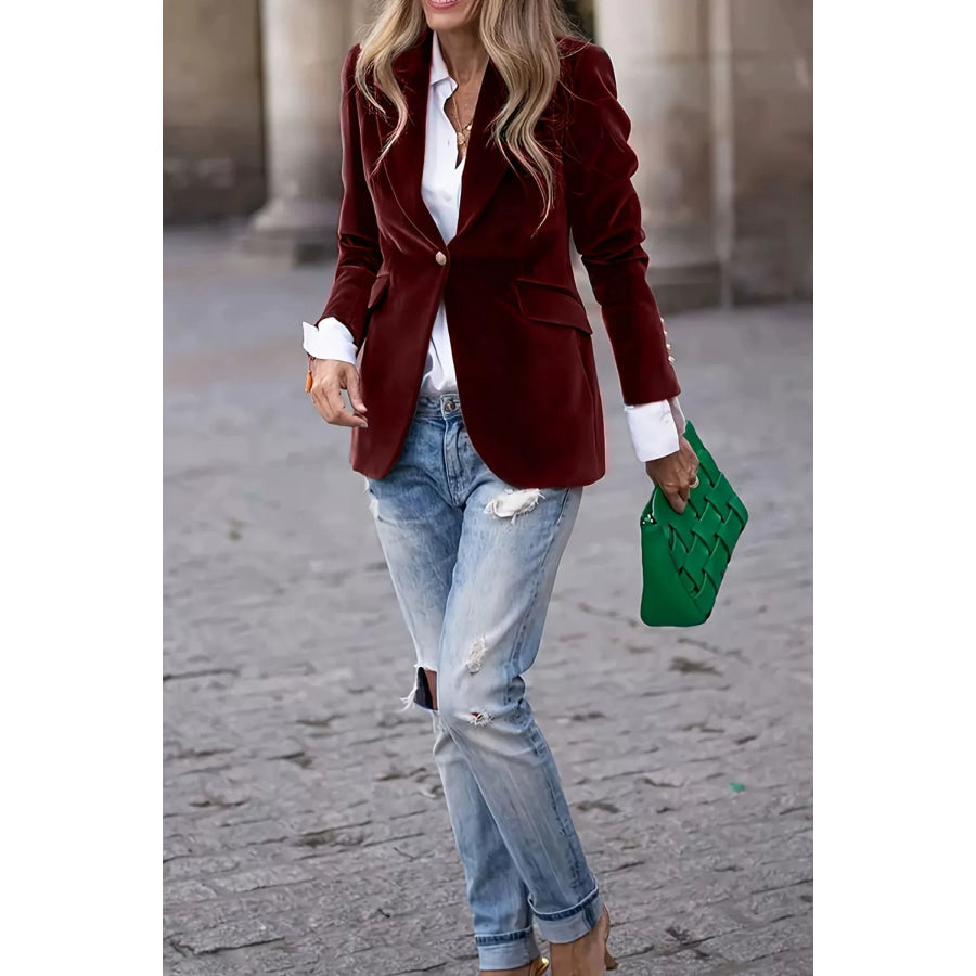 Lapel Collar One Button Blazer Burgundy / S Apparel and Accessories