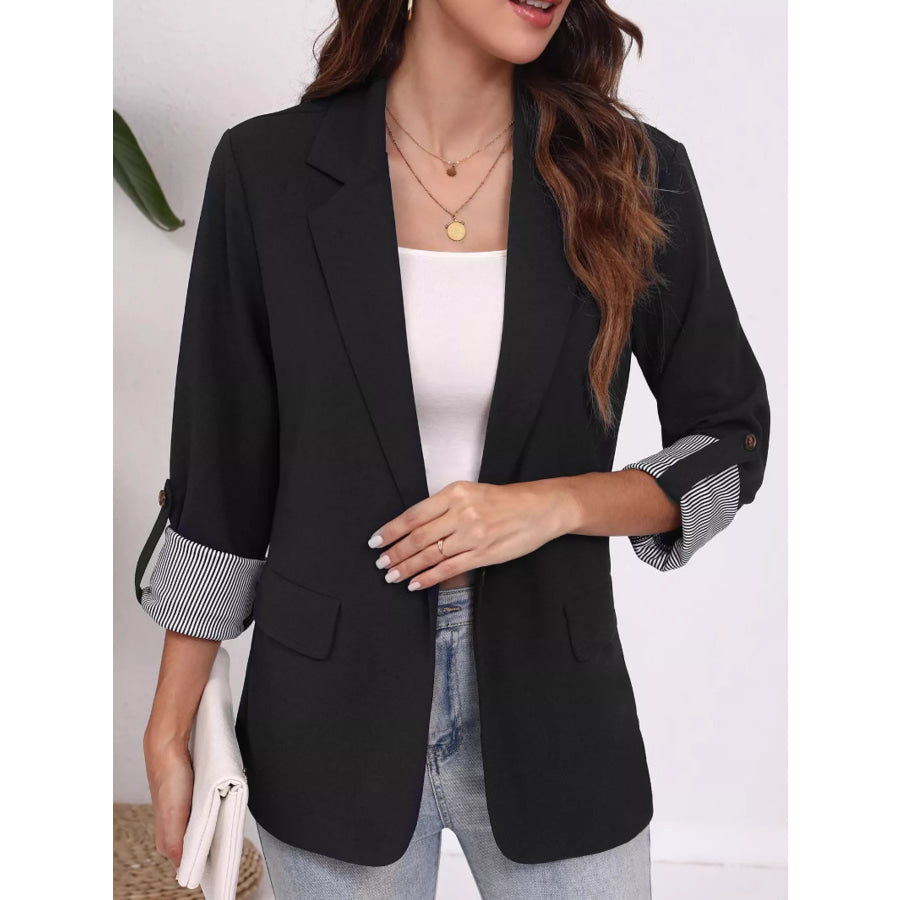 Lapel Collar Roll-Up Sleeve Blazer Black / S Apparel and Accessories