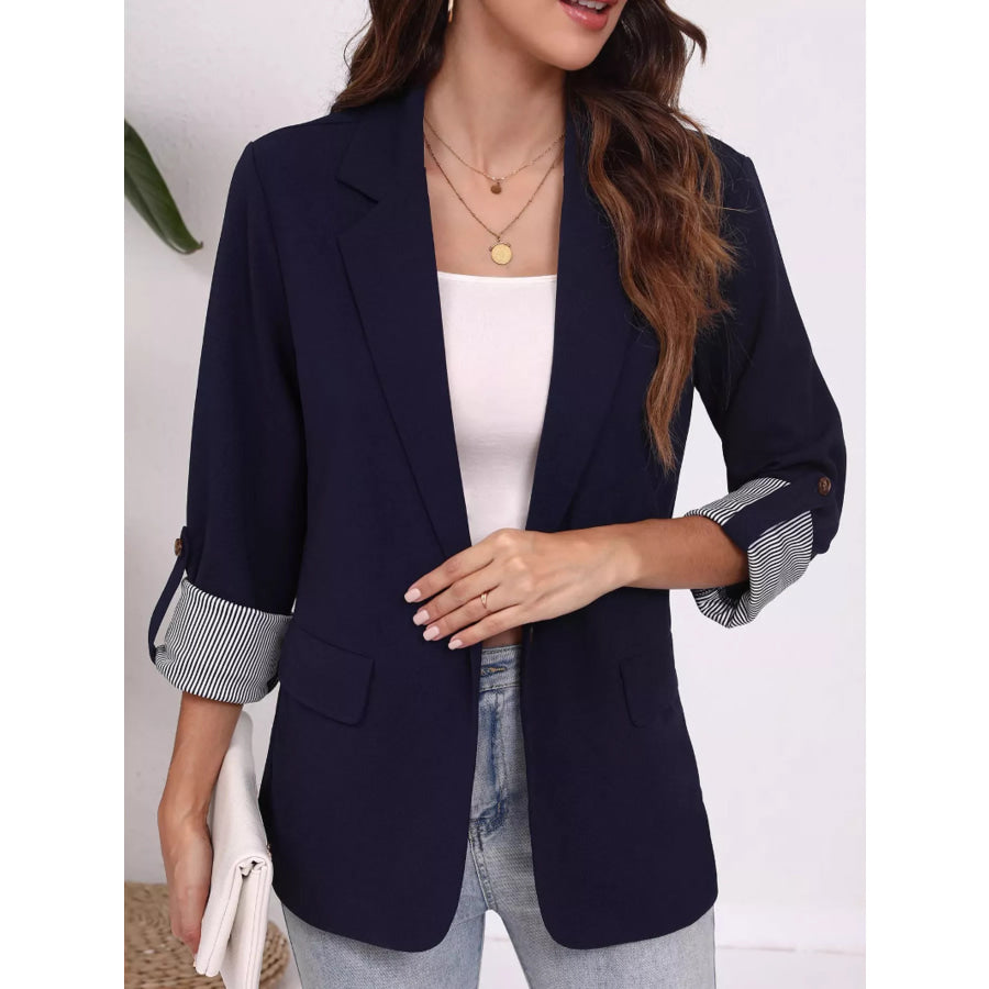 Lapel Collar Roll-Up Sleeve Blazer Navy Blue / S Apparel and Accessories