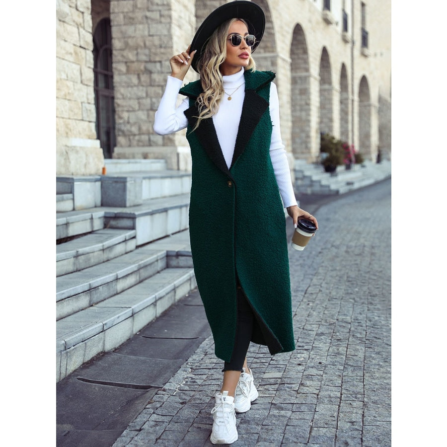 Lapel Collar Sleeveless Coat Green / S