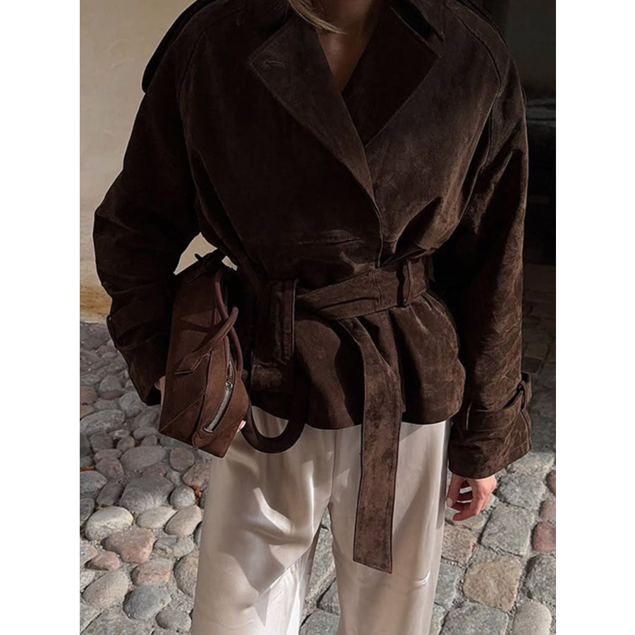 Lapel Collar Tie Waist Outerwear Apparel and Accessories