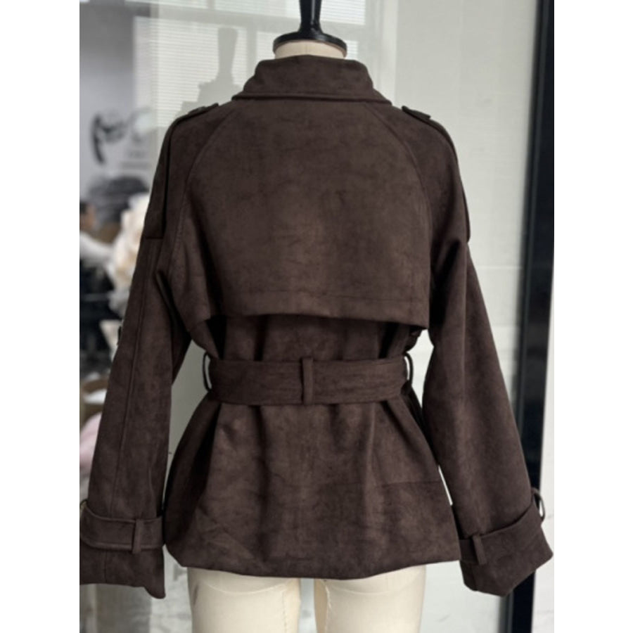 Lapel Collar Tie Waist Outerwear Apparel and Accessories