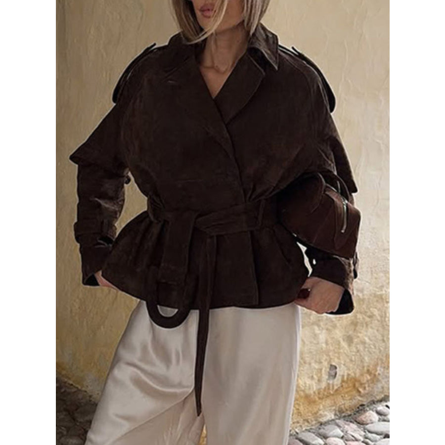 Lapel Collar Tie Waist Outerwear Apparel and Accessories