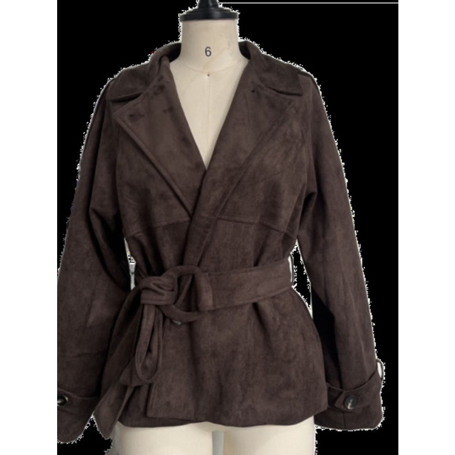 Lapel Collar Tie Waist Outerwear Apparel and Accessories