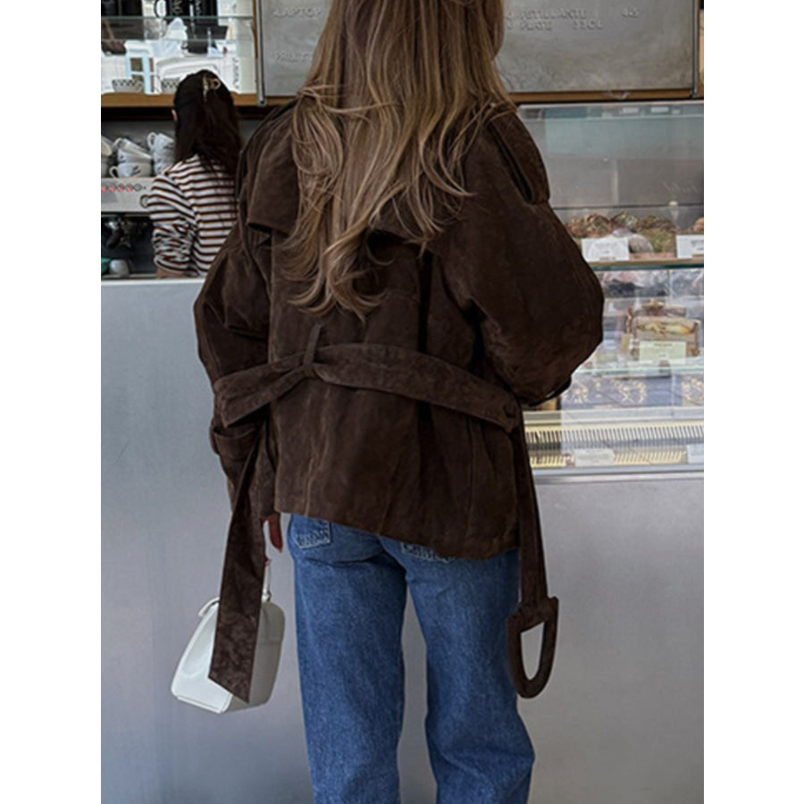 Lapel Collar Tie Waist Outerwear Apparel and Accessories
