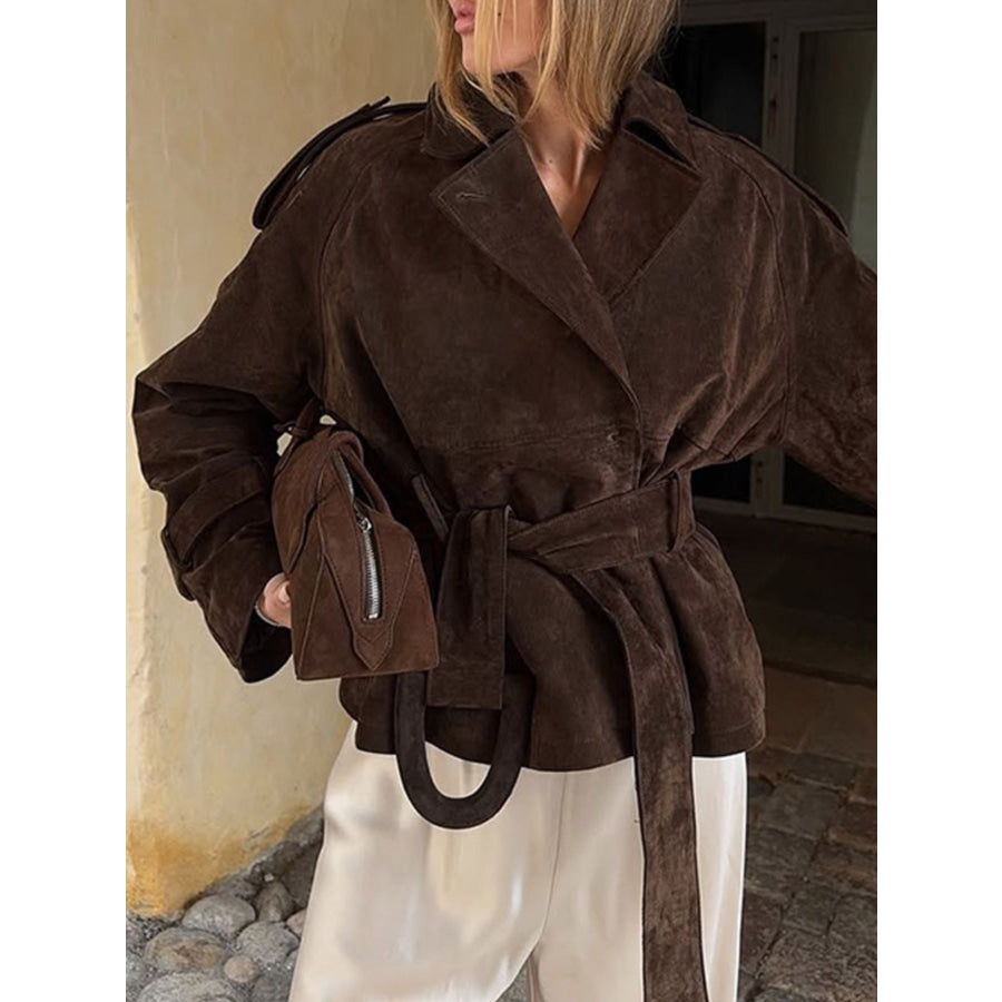 Lapel Collar Tie Waist Outerwear Brown / S Apparel and Accessories