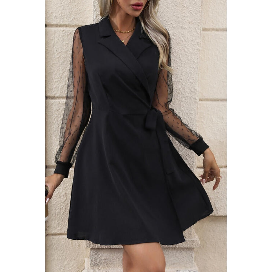 Lapel Collar Tied Mesh Long Sleeve Dress