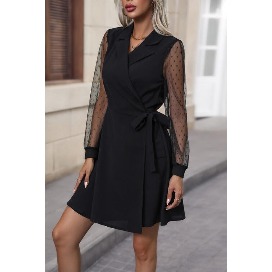 Lapel Collar Tied Mesh Long Sleeve Dress