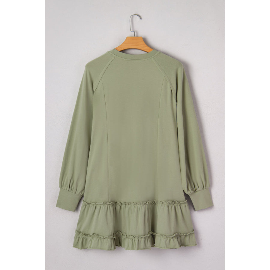 Laurel Green Jacquard Frilled Ruffled Long Sleeve Mini Dress Dresses/Mini Dresses