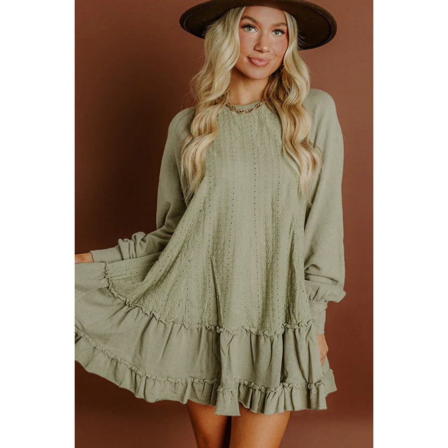 Laurel Green Jacquard Frilled Ruffled Long Sleeve Mini Dress Dresses/Mini Dresses