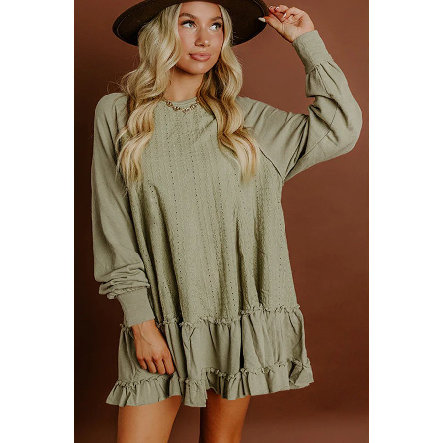 Laurel Green Jacquard Frilled Ruffled Long Sleeve Mini Dress Dresses/Mini Dresses
