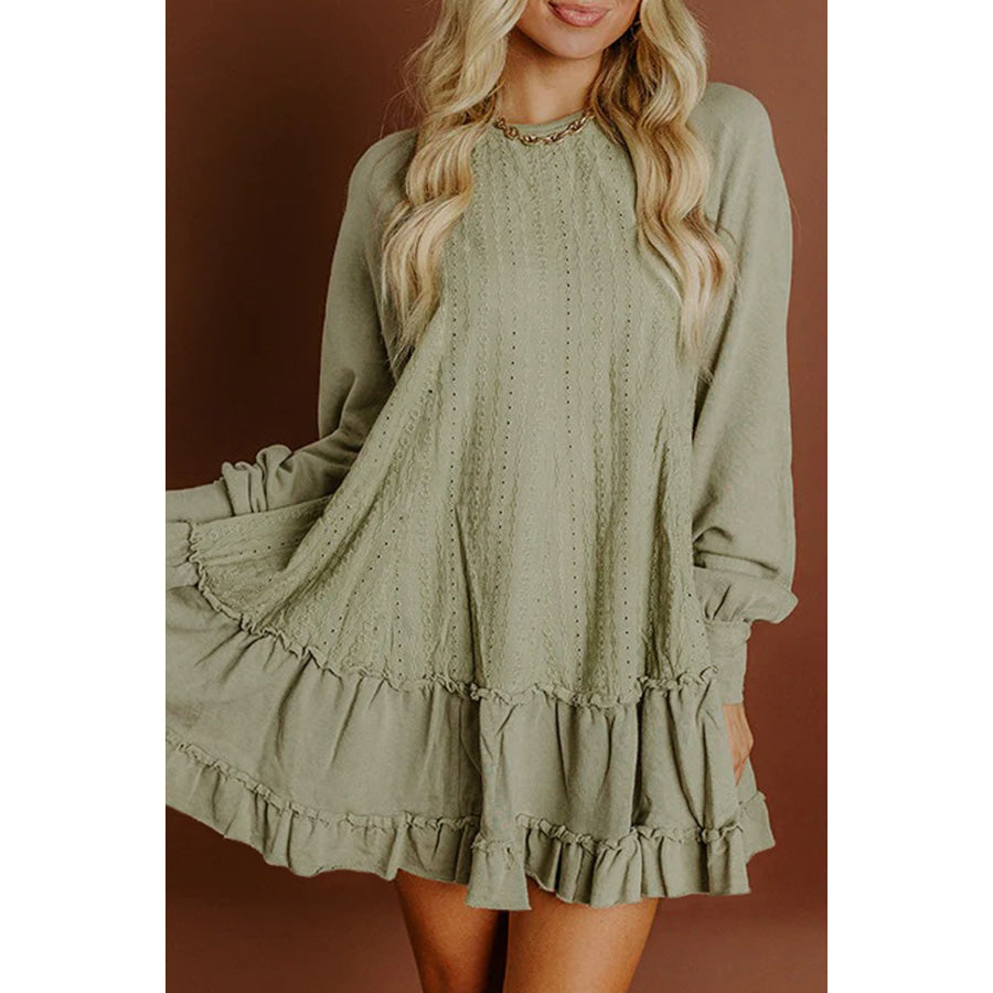 Laurel Green Jacquard Frilled Ruffled Long Sleeve Mini Dress Laurel Green / S / 95% Cotton + 5% Elastane Dresses/Mini Dresses