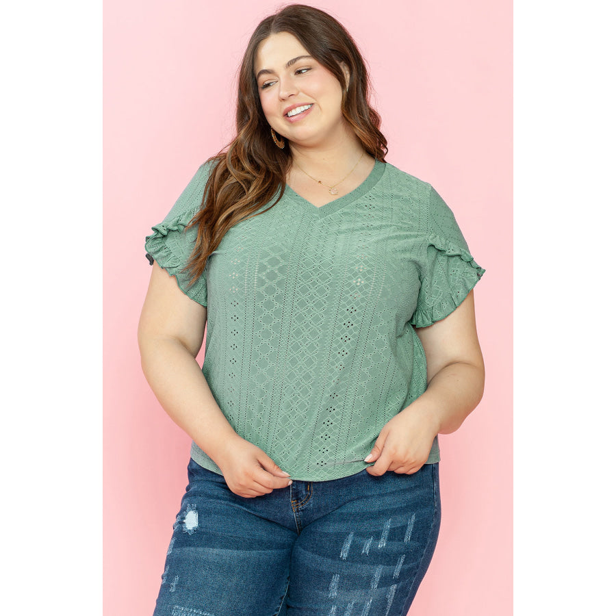 Laurel Green Petal Sleeve Jacquard V Neck Curvy Blouse Laurel Green / 1X / 95% Polyester + 5% Elastane Plus Size/Plus Size Tops/Plus Size