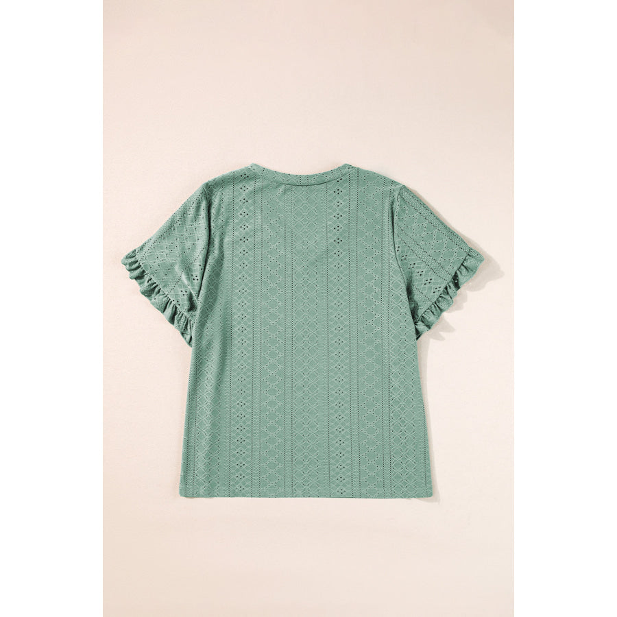 Laurel Green Petal Sleeve Jacquard V Neck Curvy Blouse Plus Size/Plus Size Tops/Plus Size Blouses &amp; Shirts