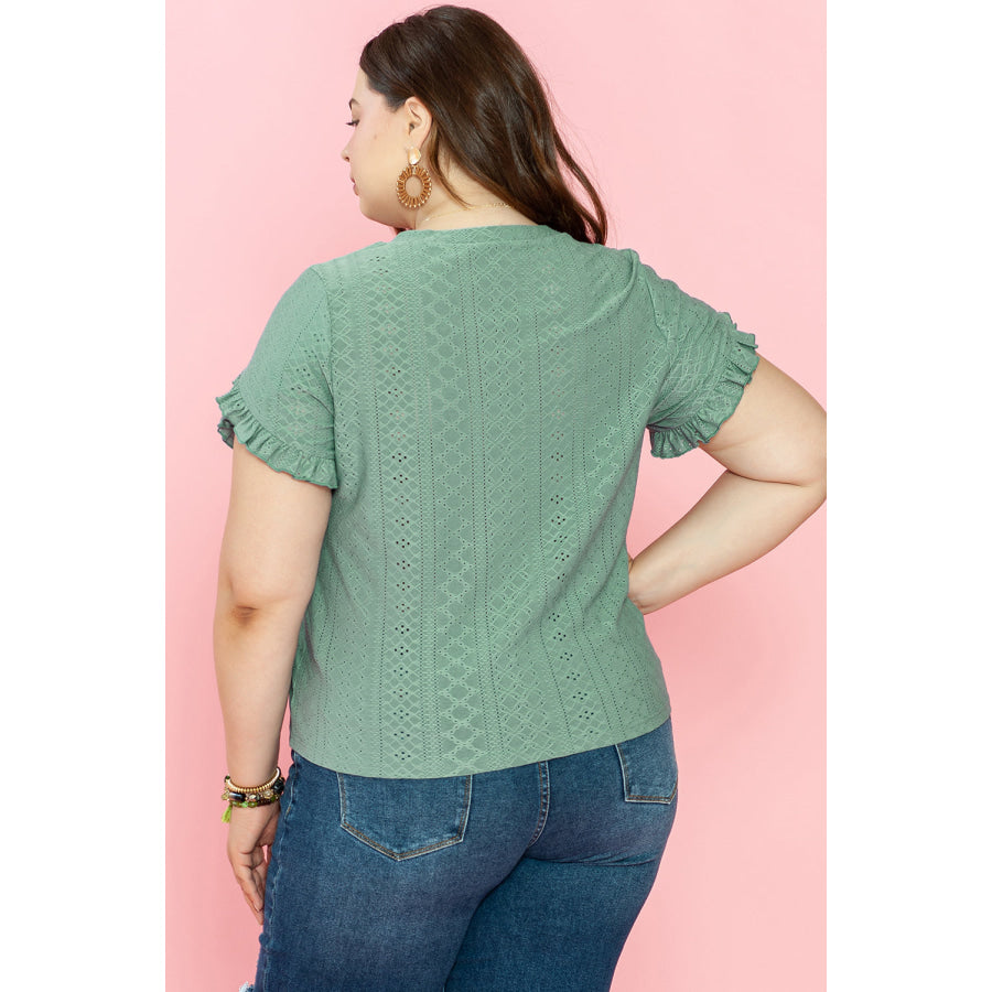 Laurel Green Petal Sleeve Jacquard V Neck Curvy Blouse Plus Size/Plus Size Tops/Plus Size Blouses &amp; Shirts