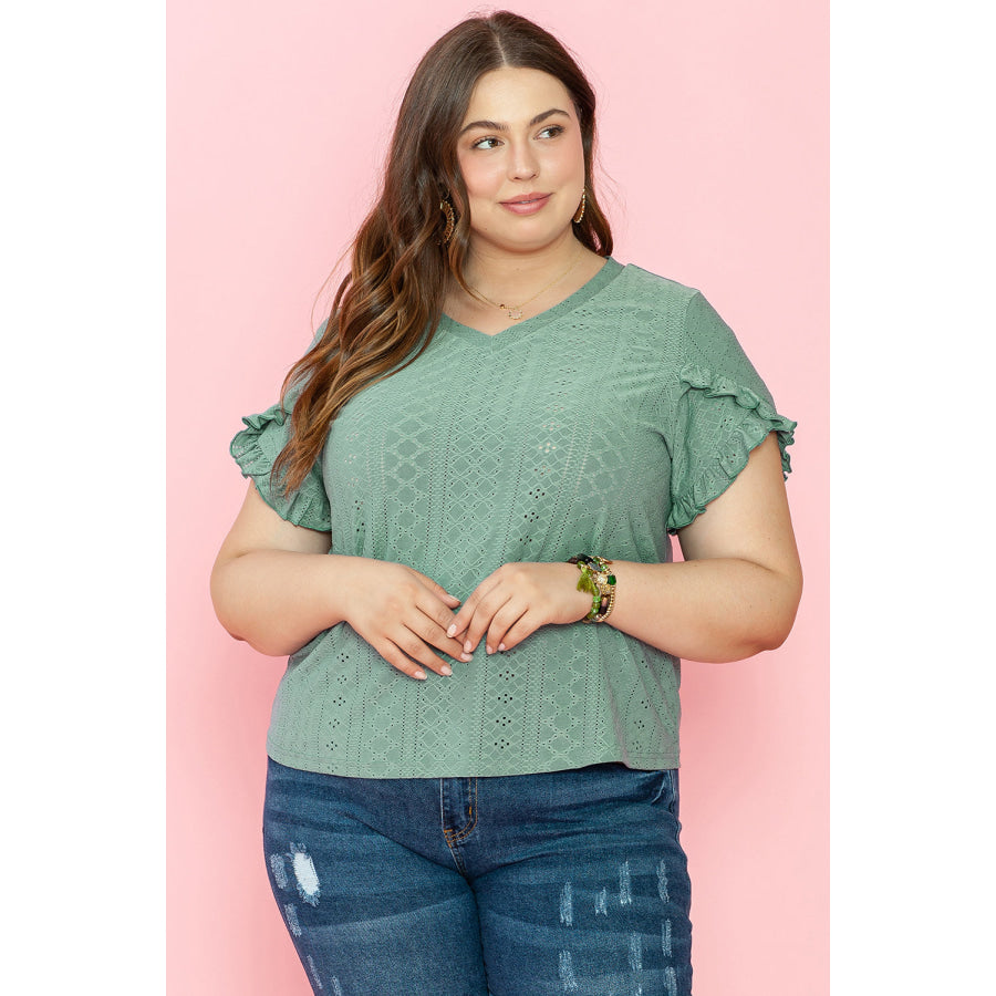 Laurel Green Petal Sleeve Jacquard V Neck Curvy Blouse Plus Size/Plus Size Tops/Plus Size Blouses &amp; Shirts