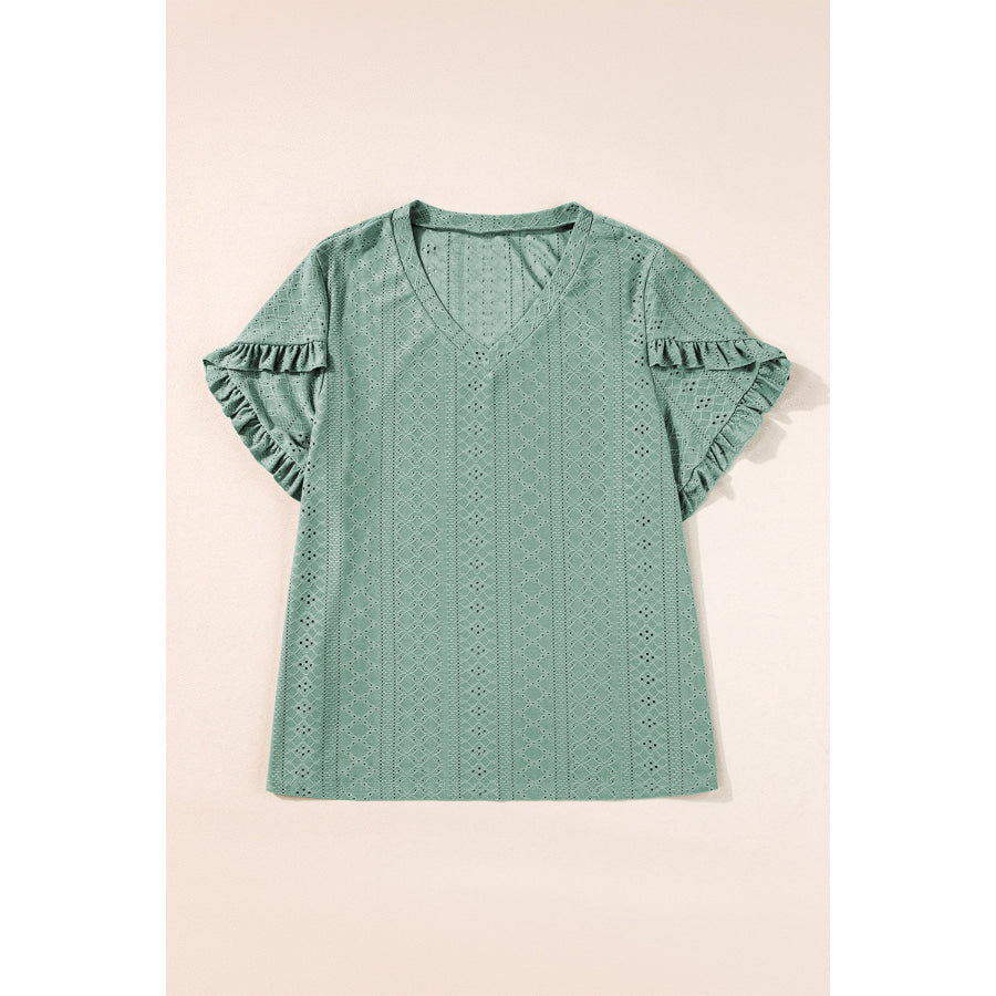 Laurel Green Petal Sleeve Jacquard V Neck Curvy Blouse Plus Size/Plus Size Tops/Plus Size Blouses &amp; Shirts