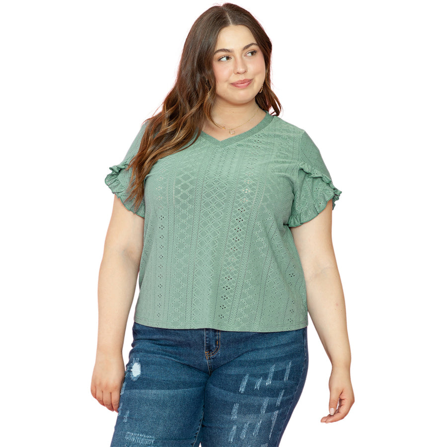 Laurel Green Petal Sleeve Jacquard V Neck Curvy Blouse Plus Size/Plus Size Tops/Plus Size Blouses &amp; Shirts